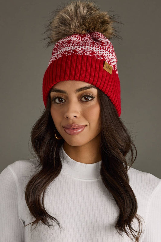 Red & White Winter Pattern Pom Hat