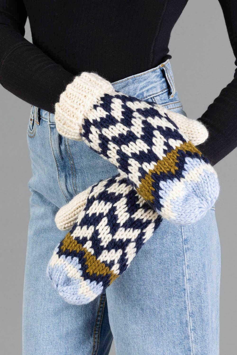Beige, Navy & Lt. Blue Mittens