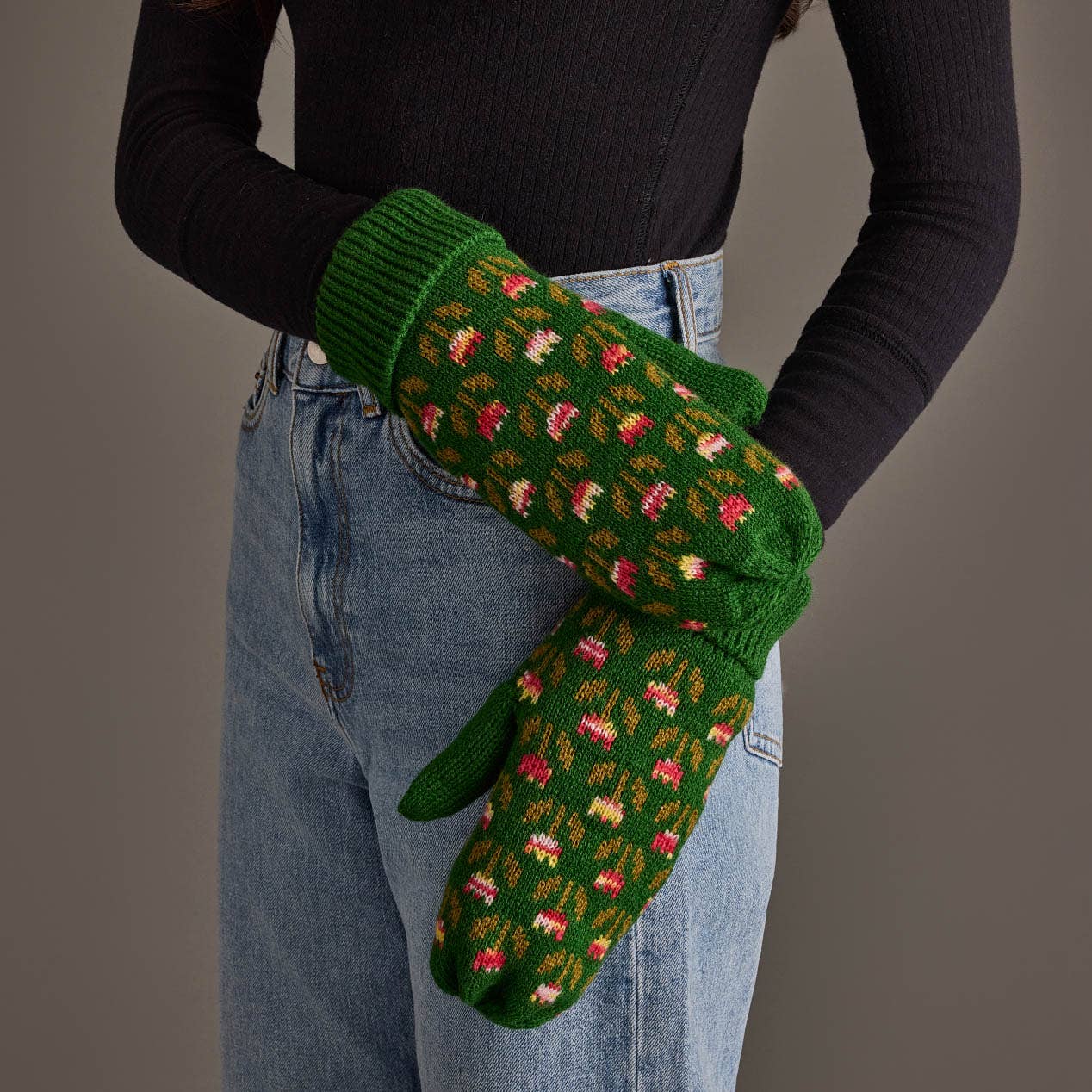 Green Flower Mittens