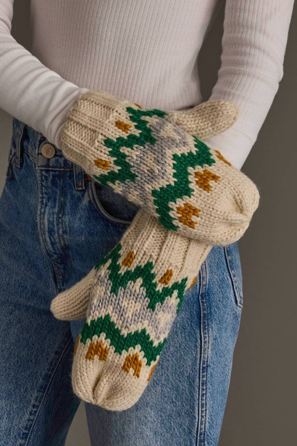 Cream, Gold, Green & Gray Mittens