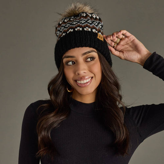 Black, White & Brown Winter Pattern Pom Hat