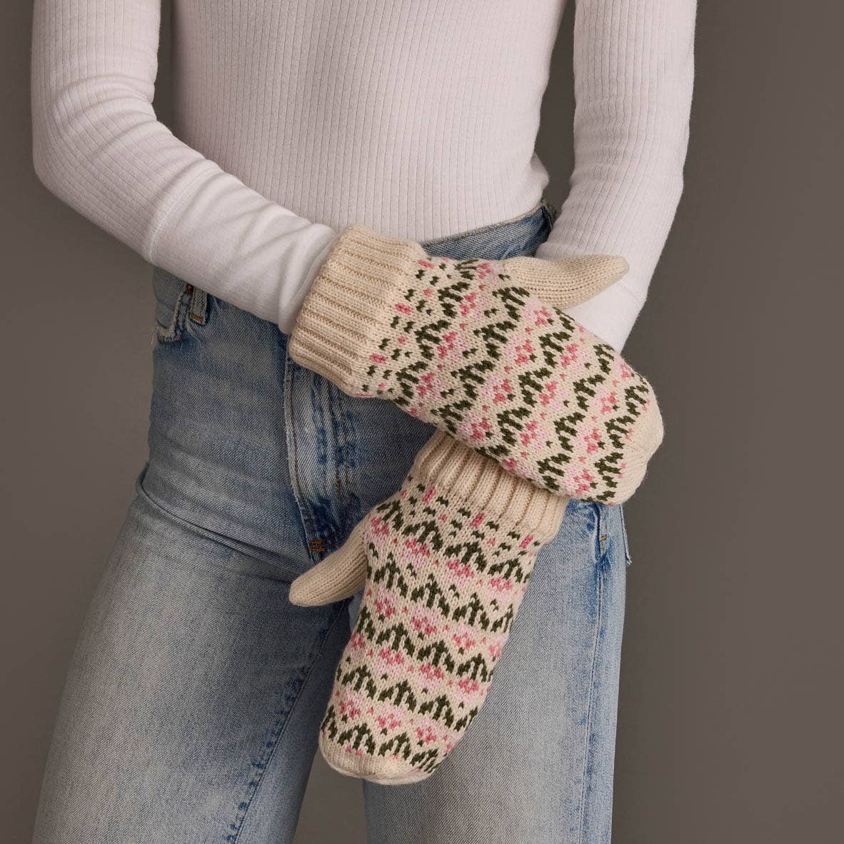 Cream/Pink Flower Mittens