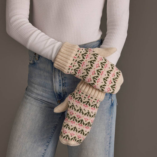 Cream/Pink Flower Mittens