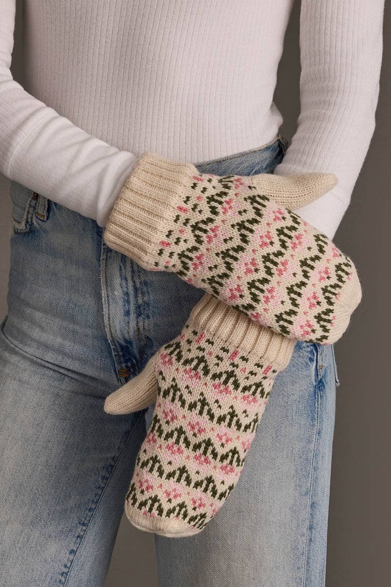 Cream/Pink Flower Mittens