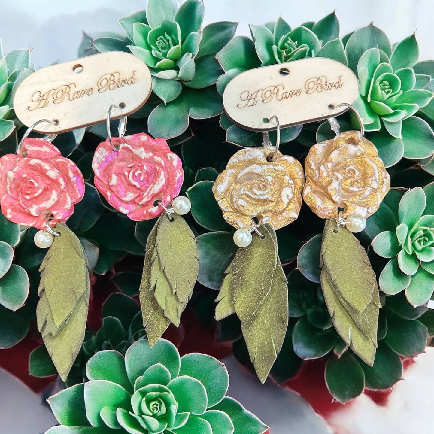 Hand carved Rose Leaf Earrings