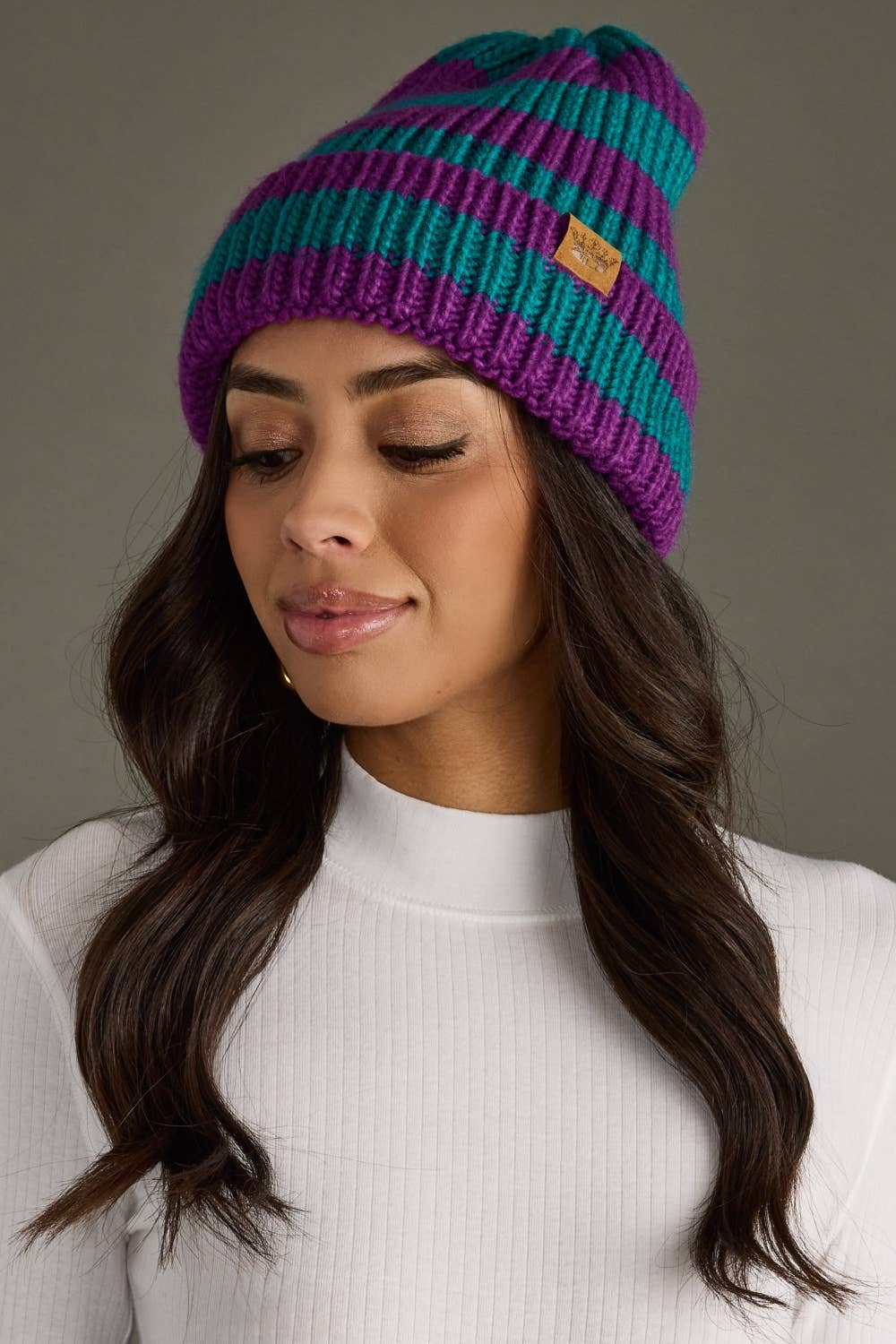 Teal & Purple Striped Knit Beanie