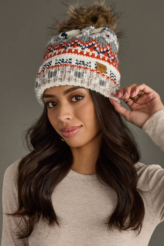 White, Navy & Orange Patterned Pom Hat