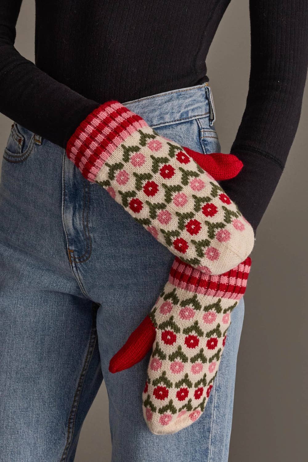 Cream, Red & Pink Mittens