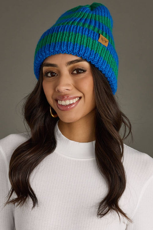 Blue & Green Striped Knit Beanie