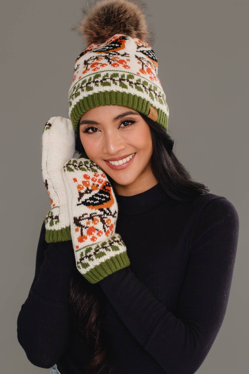Olive & Cream Bird Mittens