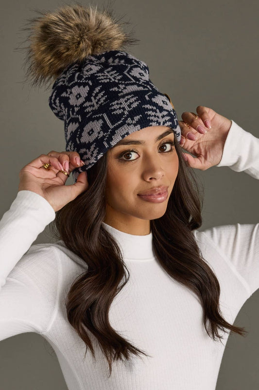 Navy & Gray Floral Pattern Pom Hat