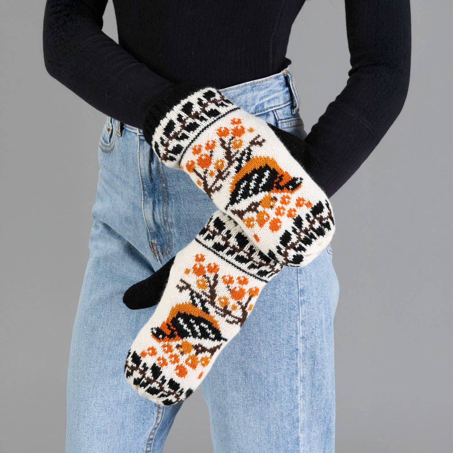Black & Cream Bird Mittens