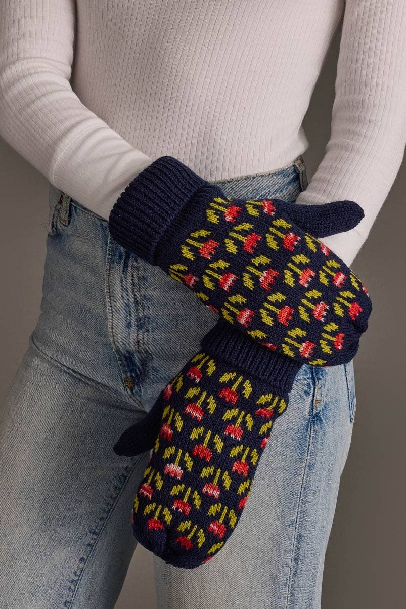 Navy Flower Mittens