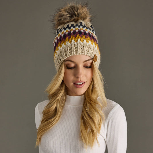 Beige, Navy & Mustard Patterned Pom Hat