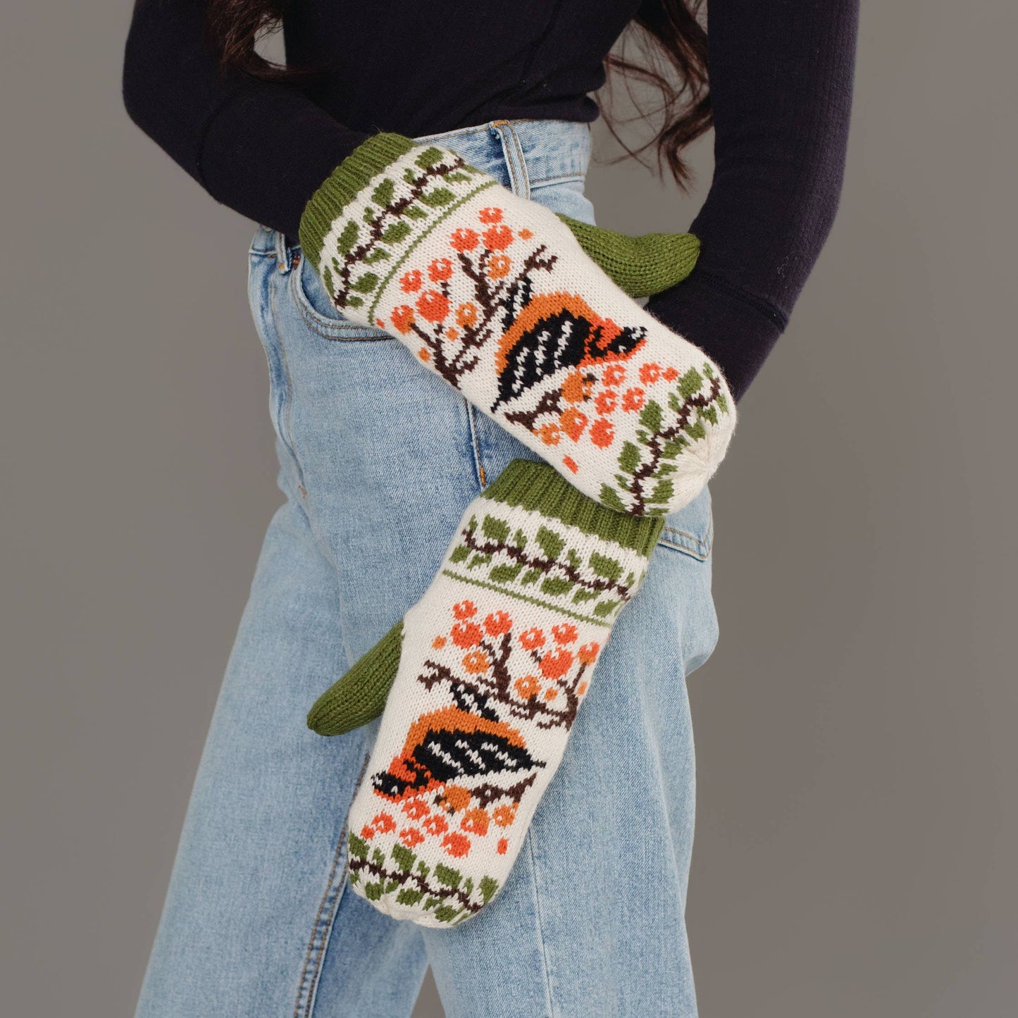 Olive & Cream Bird Mittens