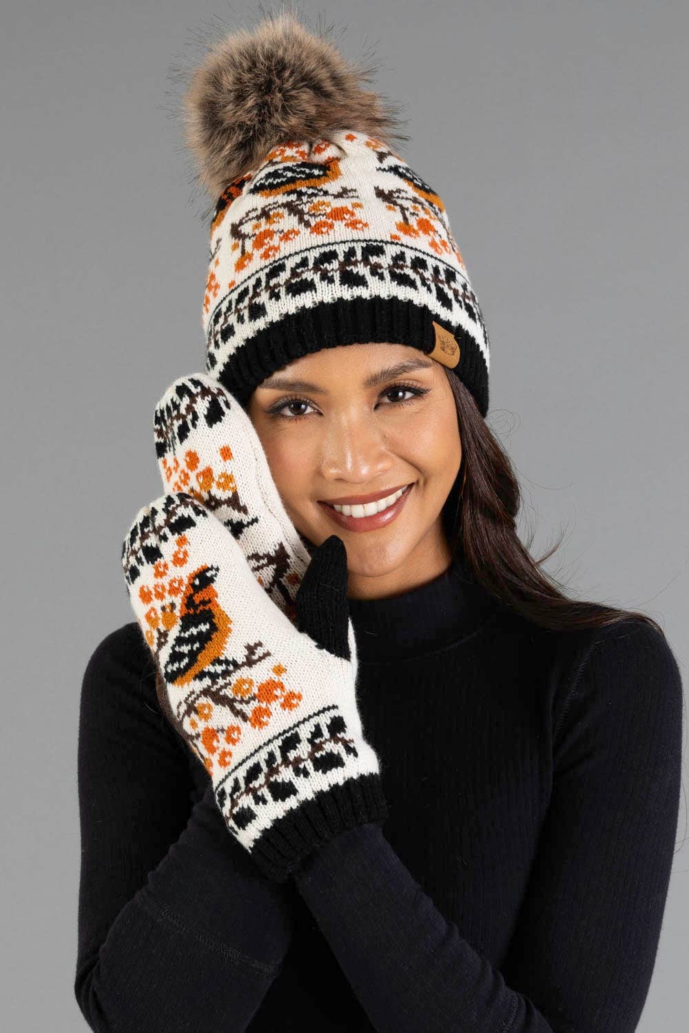 Black & Cream Bird Mittens