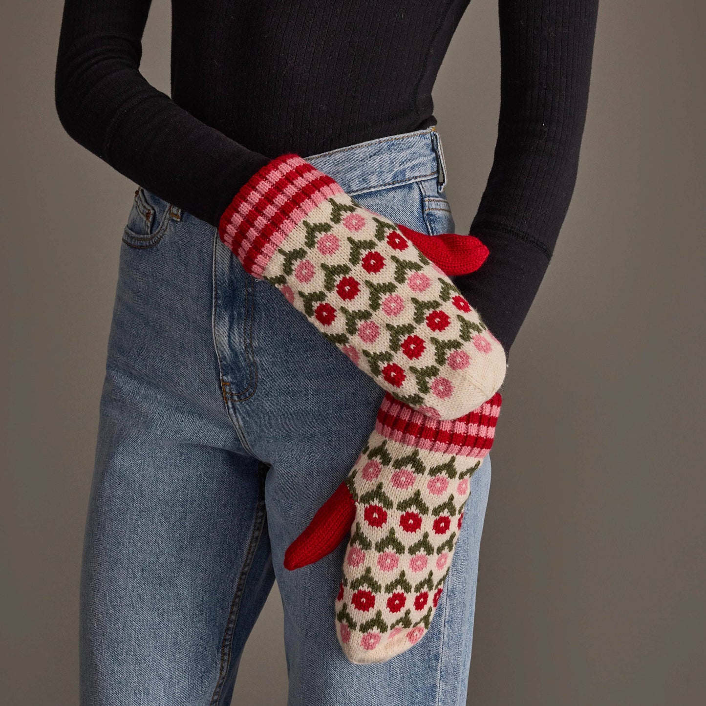 Cream, Red & Pink Mittens