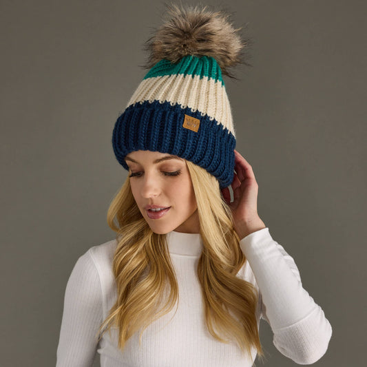 Green, Beige & Navy Color Block Pom Hat