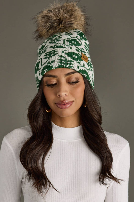 Ivory & Green Floral Pattern Pom Hat