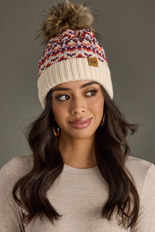 Beige, Lilac & Orange Patterned Pom Hat