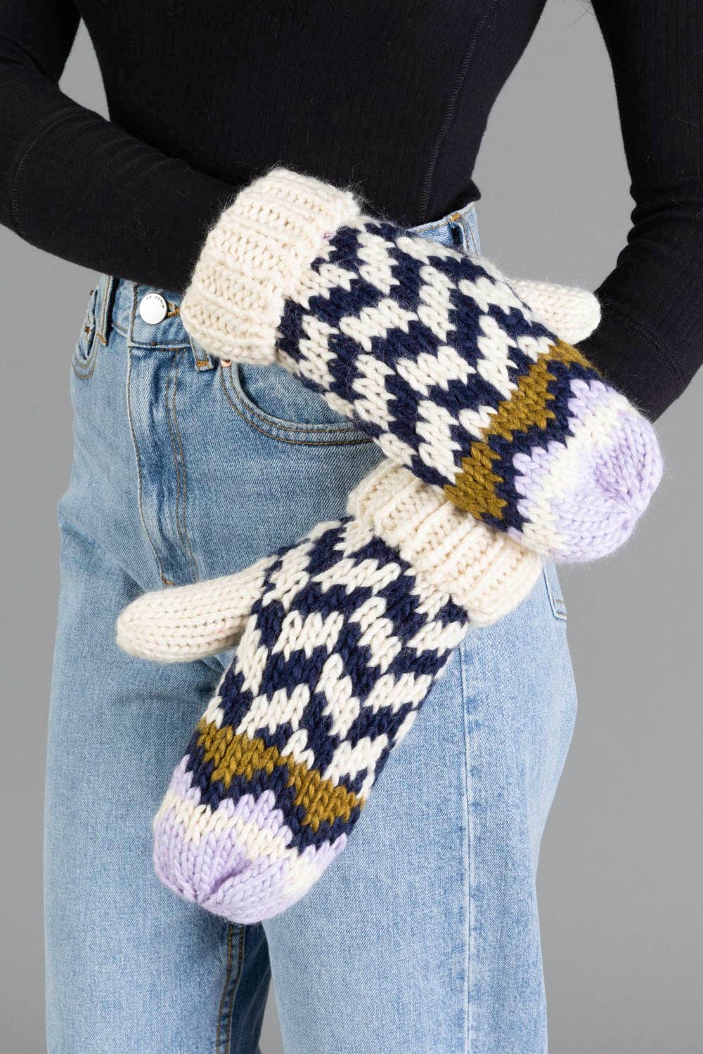 Lilac, Beige & Navy Mittens