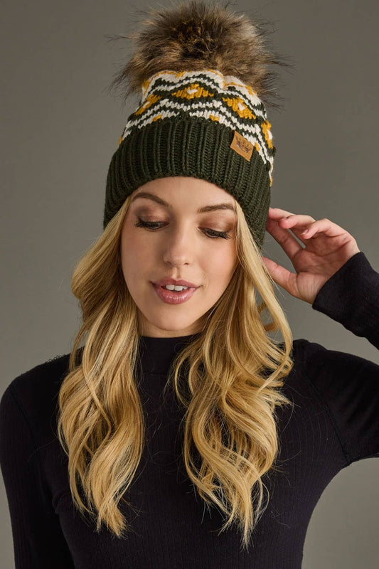 Olive, Cream & Mustard Patterned Pom Hat