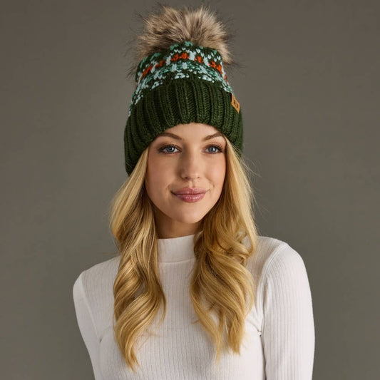 Olive, Lt. Blue, Mint & Orange Patterned Pom Hat