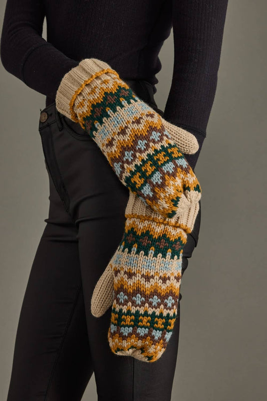 Taupe & Multicolored Patterned Mittens