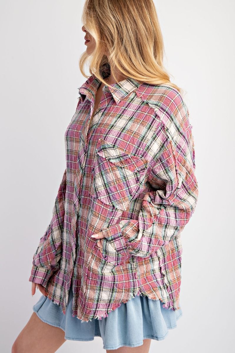 Crinkled Plaid Button Down