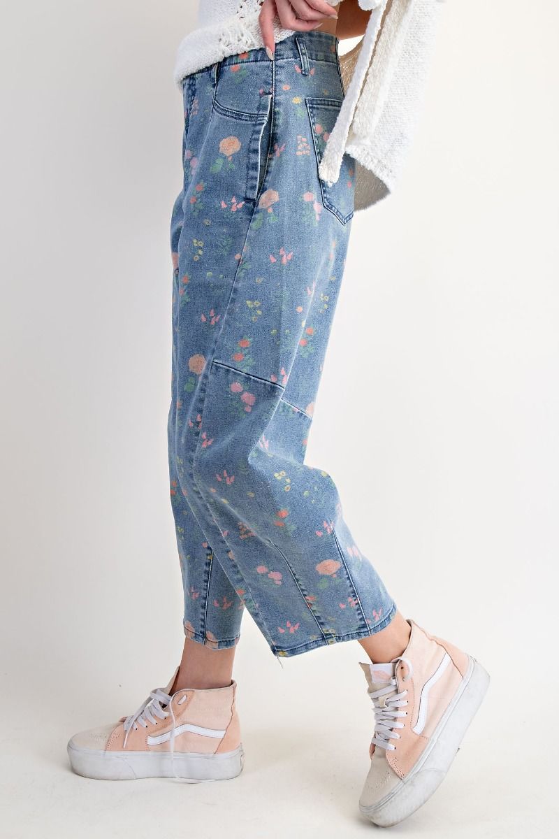 Floral Print Barrel Jeans