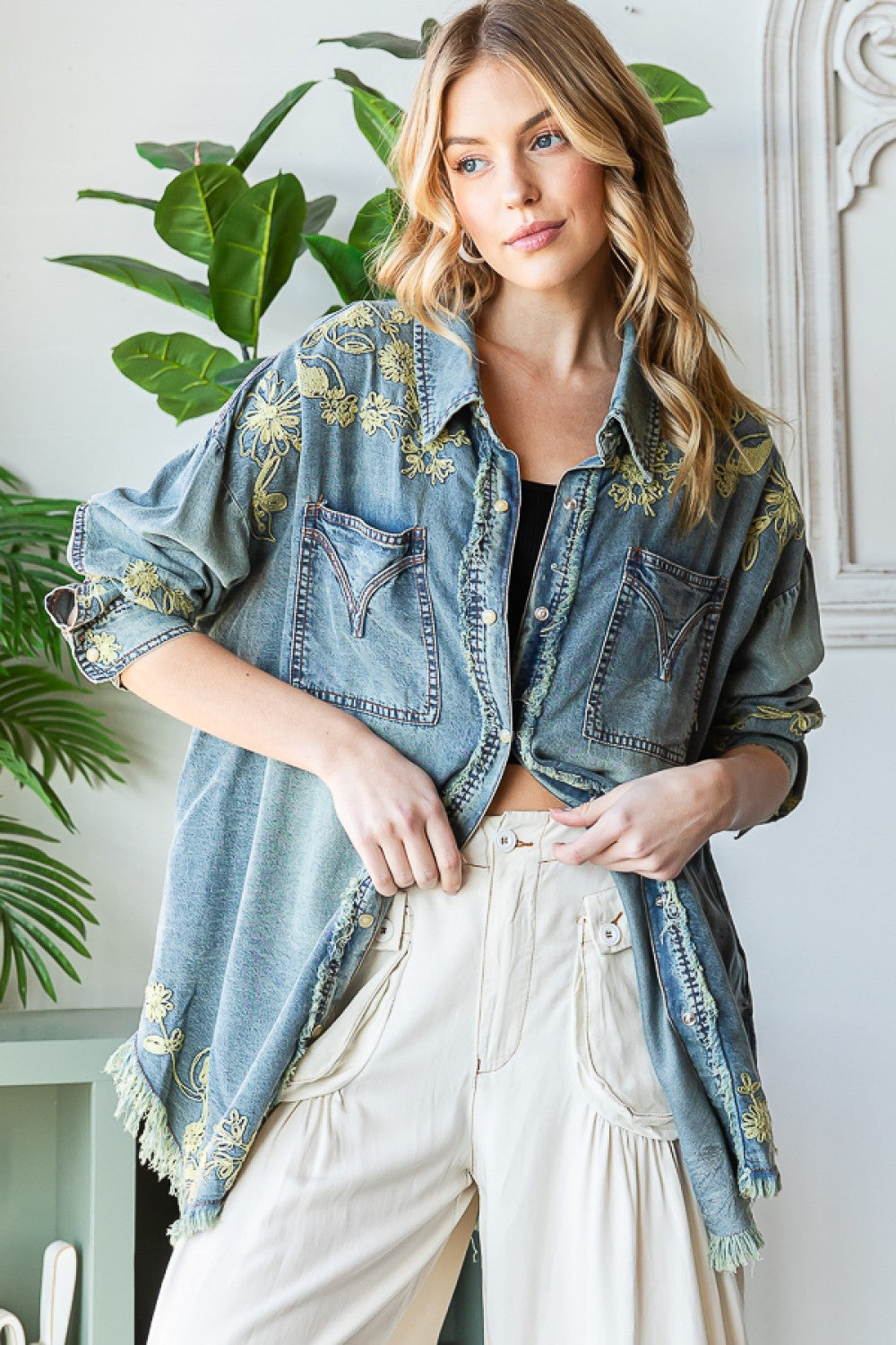 Embroidered Button Front Shirt