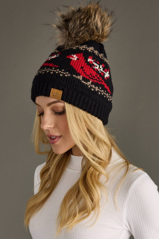 Black Cardinal Pattern Pom Hat