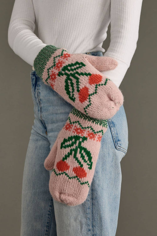 Lt. Pink Cherry Pattern Mittens