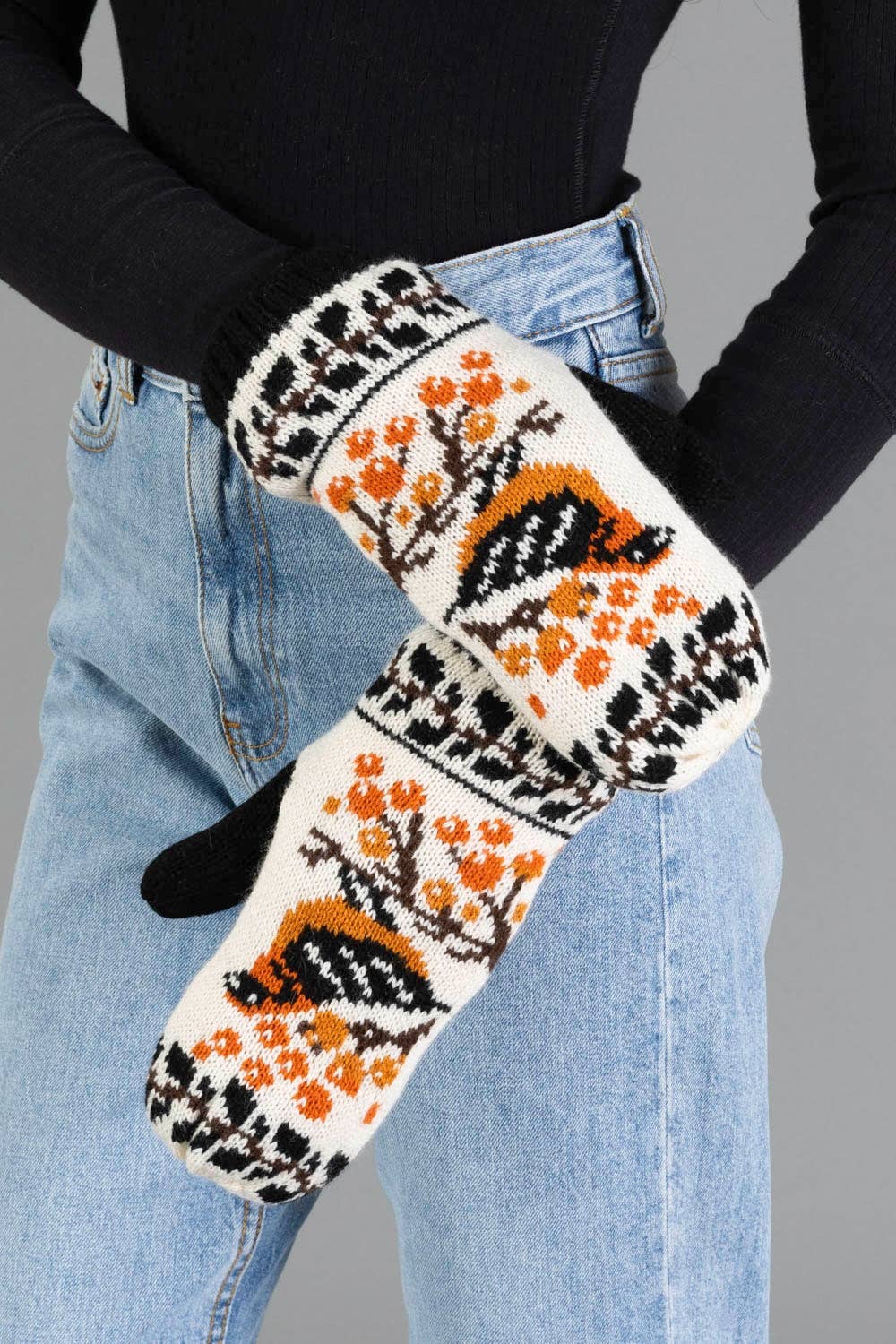 Black & Cream Bird Mittens