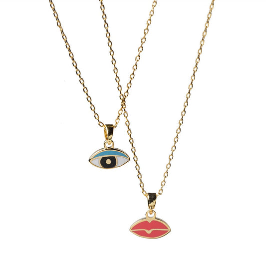 Eye & Lips Double-Sided Gold Pendant Necklace