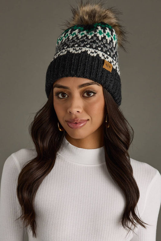 Dk. Gray, White & Green Winter Pattern Pom Hat