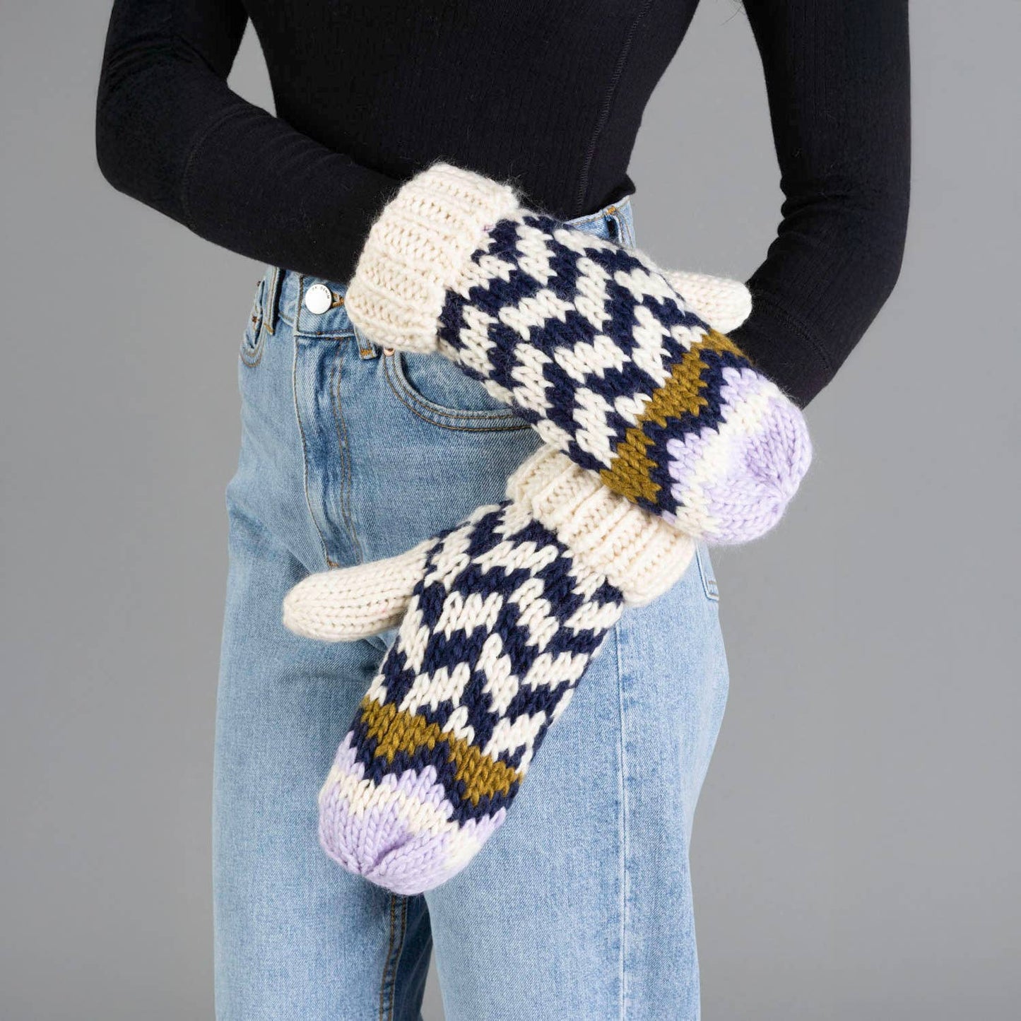 Lilac, Beige & Navy Mittens