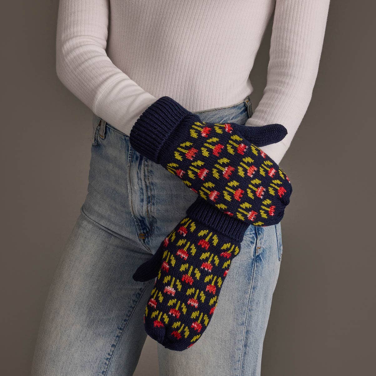 Navy Flower Mittens