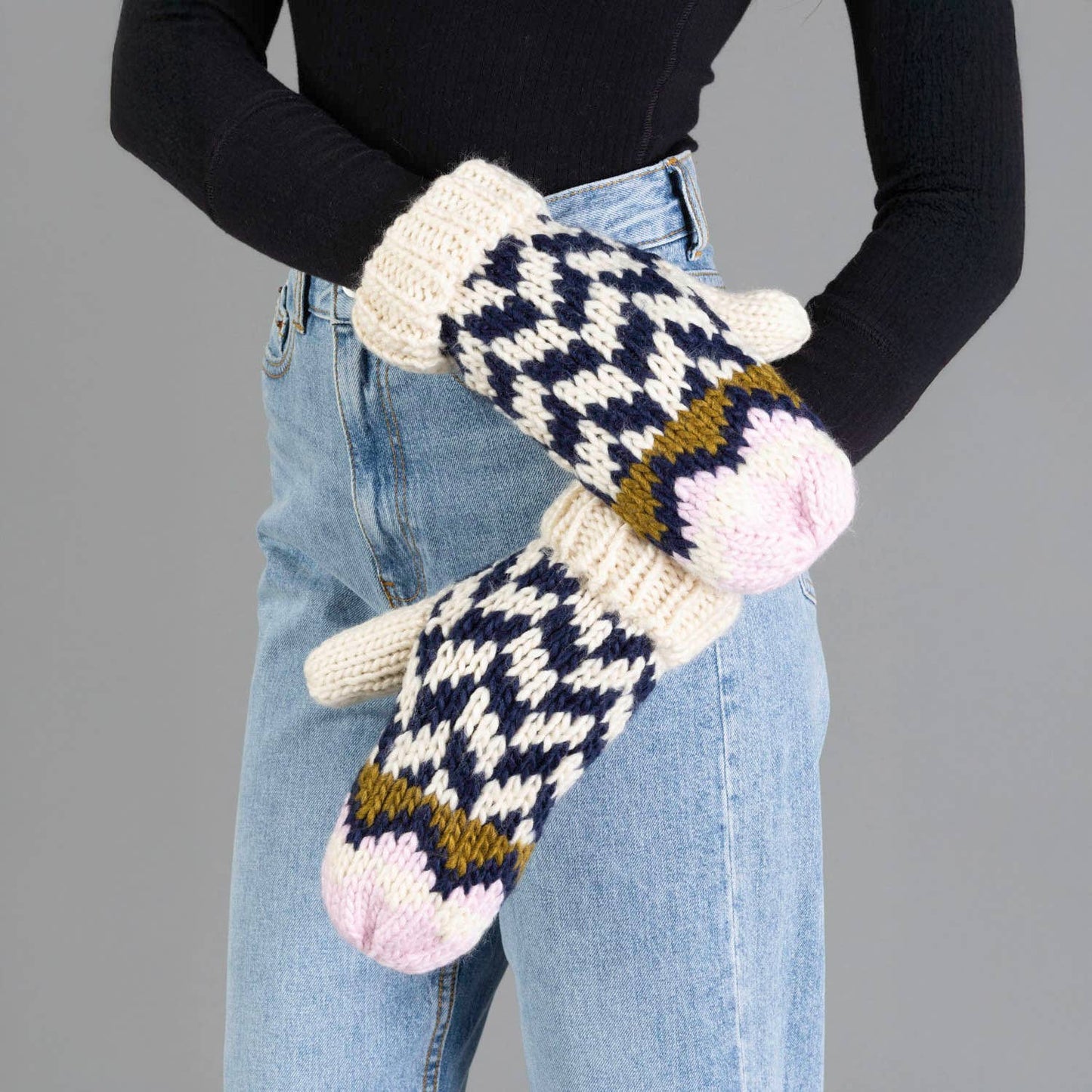 Pink, Beige & Navy  Mittens