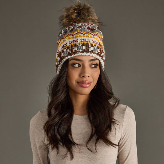 White, Red & Gold Patterned Pom Hat