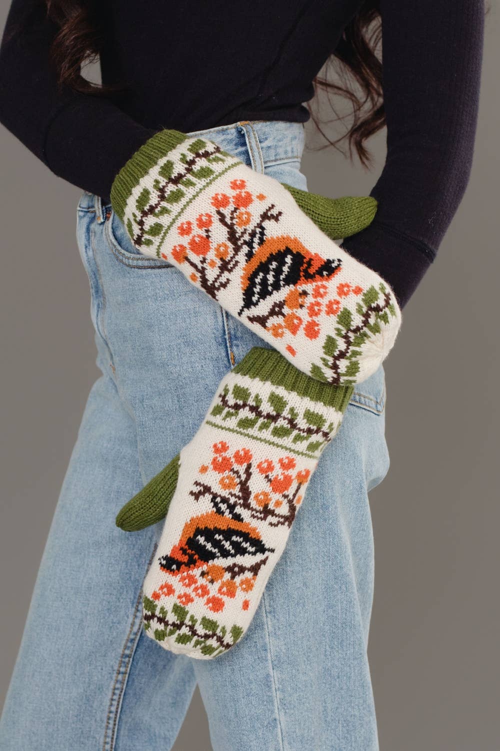 Olive & Cream Bird Mittens