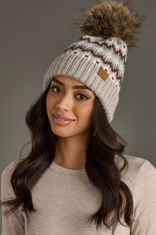 Taupe, Brown & White Winter Pattern Pom Hat