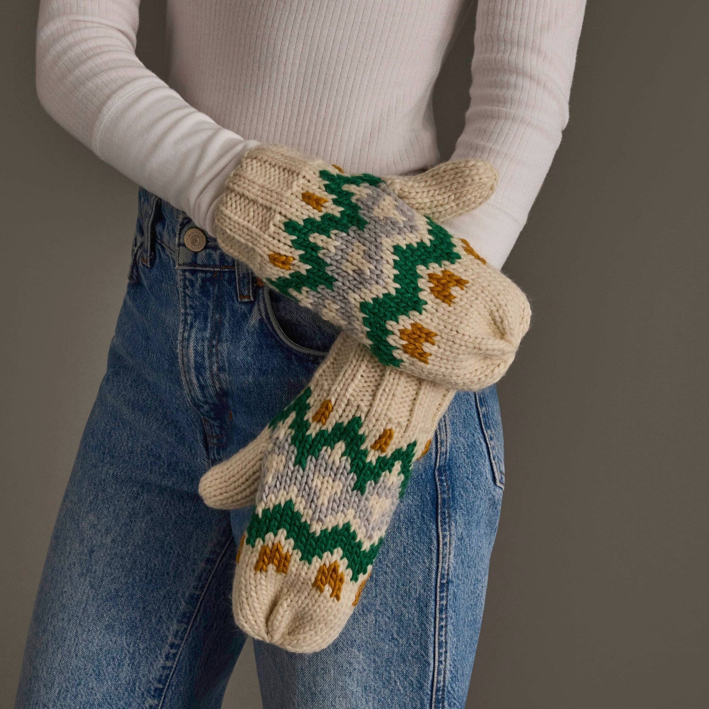 Cream, Gold, Green & Gray Mittens