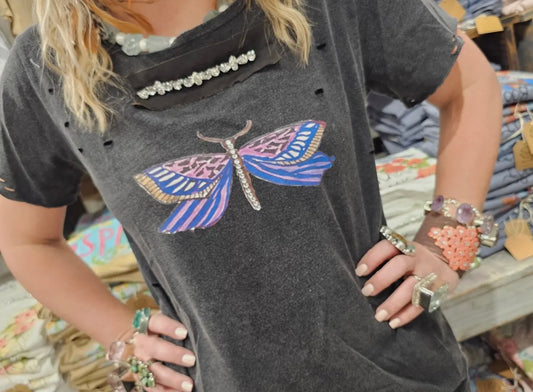 Dragonflies and Butterflies Black Tattered Tee