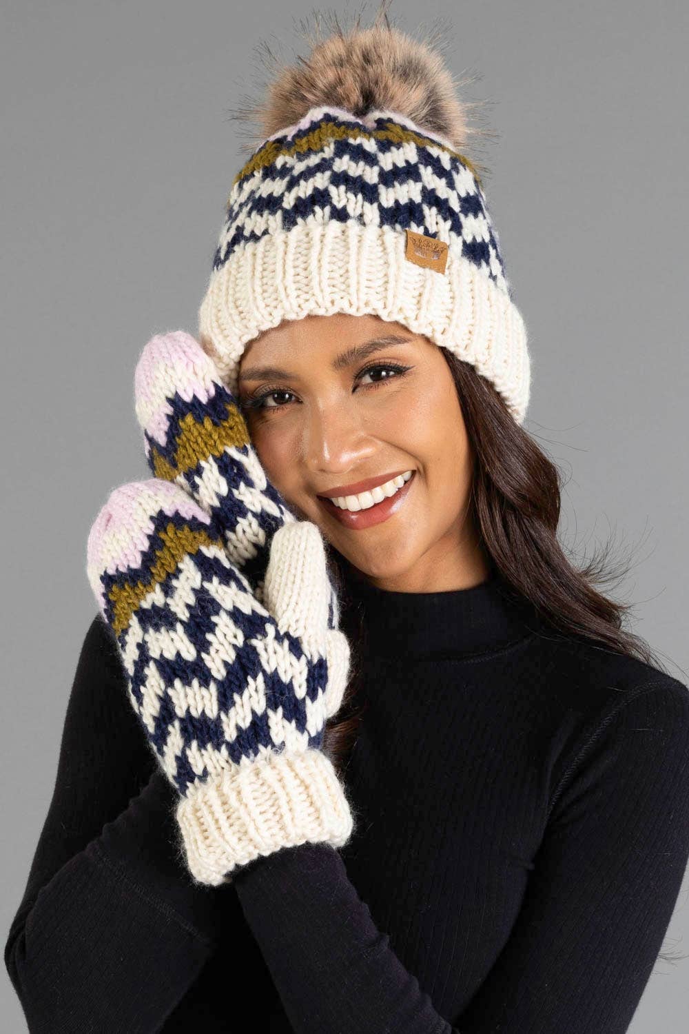 Pink, Beige & Navy  Mittens